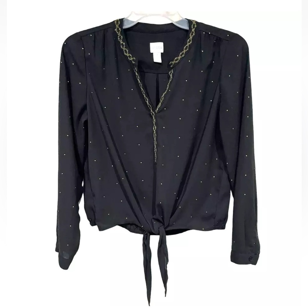 Chico's M Black Long Sleeve gold Beaded V Neck Blouse waist tie